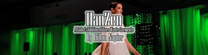 Woman walking on runway with the title "Hanzen" over her for advertisement of current exhibit